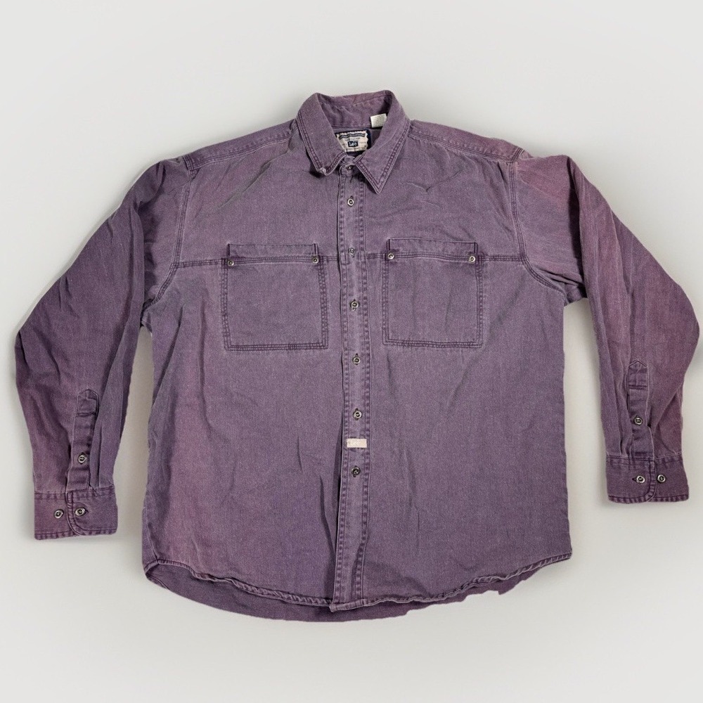 Vintage Lee Button Down Shirt Mens L Purple Cotton Twill Long Sleeve Workwear